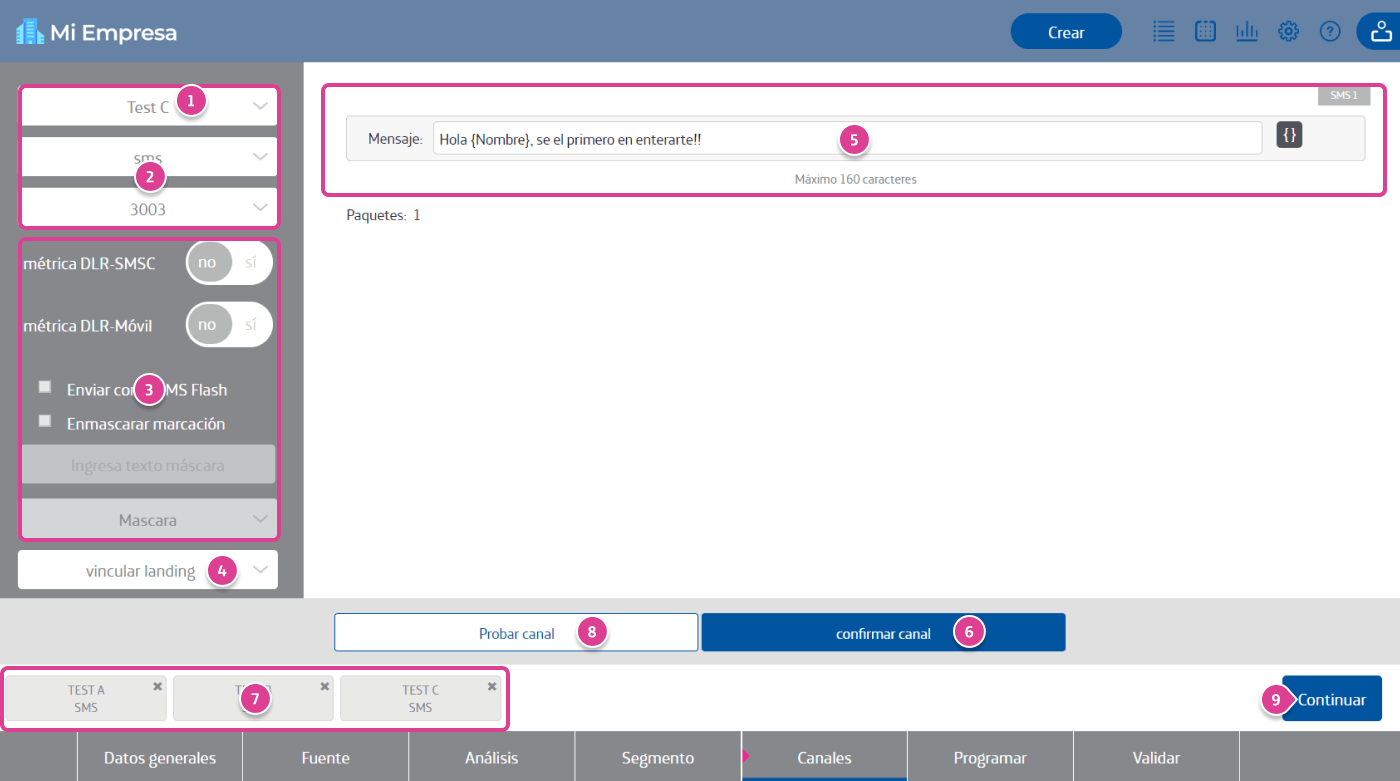 Configura el canal Test AB